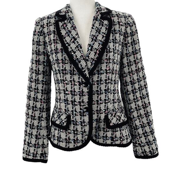 Giancarlo Ferrari Vtg Navy Blue White Plaid Tweed Edged Lined Blazer Jacket 8 - Picture 2 of 16